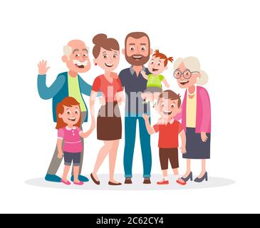 Portrait de famille. Parents, enfants et grands-parents. Famille multi-générationnelle. Portrait sur toute la longueur des membres de la famille debout ensemble. Vecteur Illustration de Vecteur