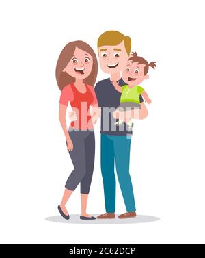 Joyeux portrait de jeune famille. Papa et maman avec une petite fille. Illustration vectorielle de style dessin animé isolée sur blanc. Illustration de Vecteur