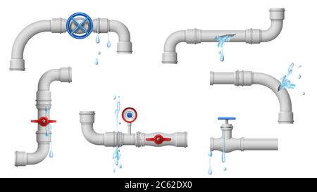 Tuyaux endommagés présentant des fuites. Illustration vectorielle des fuites de tuyaux d'eau, des tuyaux métalliques cassés et des fuites de tuyaux et de joints Illustration de Vecteur