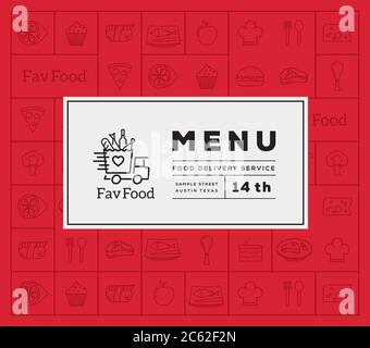 Logo vectoriel de distribution alimentaire préférée et couverture de menu avec motif d'icône de style de ligne. Illustration de Vecteur