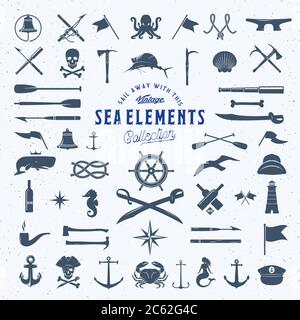 Vintage Vector Sea ou Nautical Icon Symbol Elements ensemble pour vos étiquettes, badges et logos rétro. Modèle énorme avec texture de sorbée. Illustration de Vecteur