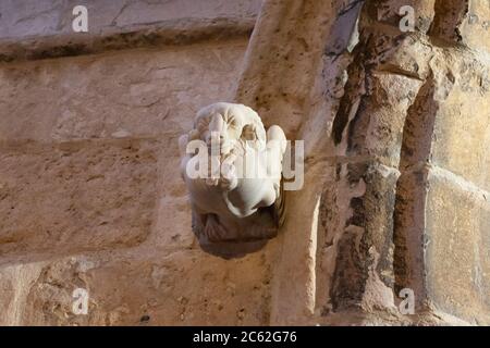 Un gargouille de tête de béliers sculptés récemment (2020) sur le bâtiment du hall d'entrée avant d'entrer dans la cathédrale. Banque D'Images