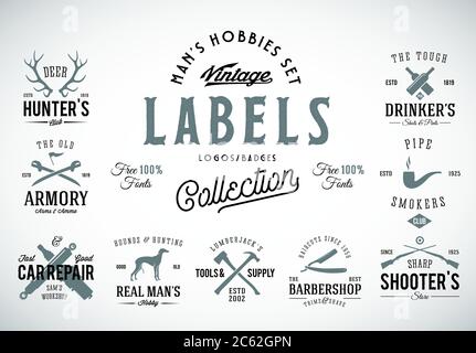 Ensemble d'icônes, étiquettes ou modèles de logo vintage avec Typographie rétro pour hommes Hobbies tels que la chasse, les bras, chien de nivetage, réparation de voiture, etc Illustration de Vecteur