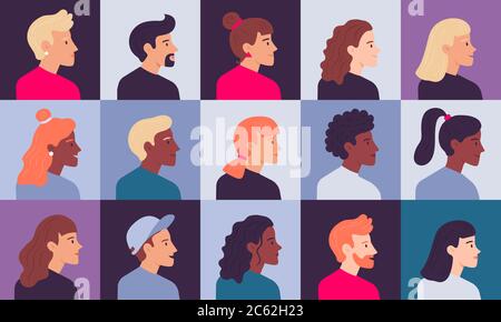 Portraits de profil. Avatars femme et homme, femme et homme, Illustration de Vecteur