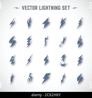 Icône éclair vectorielle ou Blizzard définie dans Material Design avec des ombres douces et réalistes. Silhouettes Thunderbolt. Illustration de Vecteur