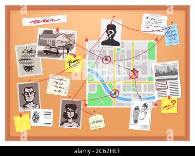 Carte de détective. Plan d'enquête sur le crime de la COPS, tableau avec photos épinglées, journaux et notes, illustration de vecteur d'analyse structurelle de carte Illustration de Vecteur
