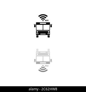 Bus wi-fi. Symbole noir sur fond blanc. Illustration simple. Icône vecteur plat. Ombre de réflexion miroir. Peut être utilisé dans le logo, le Web, le mobile et l'interface utilisateur Illustration de Vecteur