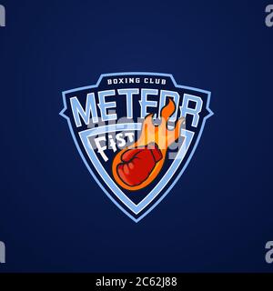 Meteor Fist Abstract Vector Sport Emblem ou modèle de logo. Gant comme signe de comète. Étiquette du club de boxe Shield Fighting. Symbole de la main poinçonneuse. Illustration de Vecteur