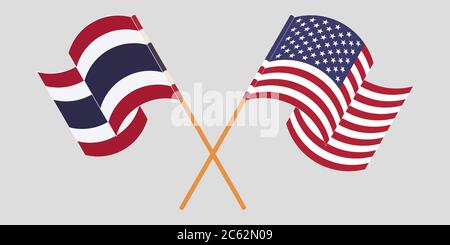 Drapeaux croisés et agités de la Thaïlande et des États-Unis. Illustration vectorielle Illustration de Vecteur