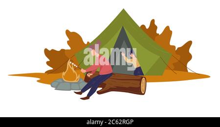 Camping les gens par feu de camp, caractère dans la tente et les feuilles Illustration de Vecteur