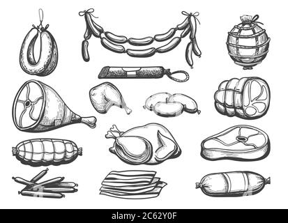 Viande de porc et produits de bœuf dessinés à la main isolés sur fond blanc. Illustration vectorielle Illustration de Vecteur