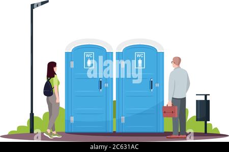 Femme et homme dans une file d'attente pour les toilettes publiques semi-plat RGB vecteur couleur Illustration de Vecteur