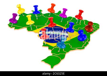 Carte du Brésil avec punaises colorées, rendu 3D isolé sur fond blanc Banque D'Images