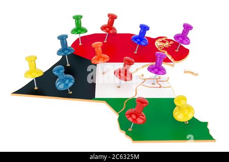 Carte du Koweït avec punaises colorées, rendu 3D isolé sur fond blanc Banque D'Images