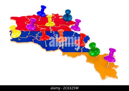 Carte de l'Arménie avec punaises colorées, rendu 3D isolé sur fond blanc Banque D'Images