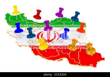 Carte de l'Iran avec punaises colorées, rendu 3D isolé sur fond blanc Banque D'Images