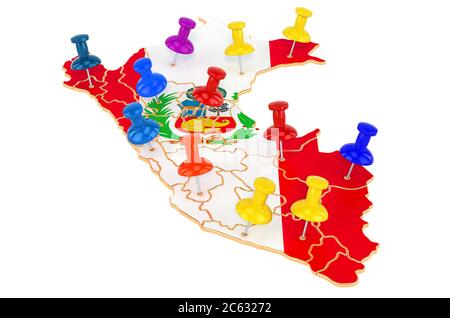 Carte du Pérou avec punaises colorées, rendu 3D isolé sur fond blanc Banque D'Images