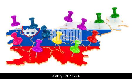 Carte de Slovénie avec punaises colorées, rendu 3D isolé sur fond blanc Banque D'Images