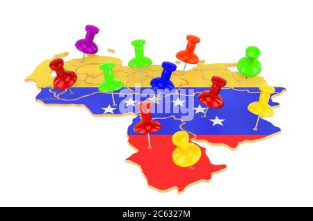 Carte du Venezuela avec punaises colorées, rendu 3D isolé sur fond blanc Banque D'Images