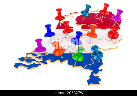 Carte des pays-Bas avec punaises colorées, rendu 3D isolé sur fond blanc Banque D'Images