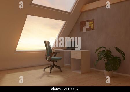 rendu 3d de l'intérieur lumineux de bureau grenier avec mur en béton et sol stratifié Banque D'Images