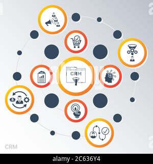 Visualisation des données CRM du modèle d'infographique vectoriel. Différentes couleurs. Peut être utilisé pour les diagrammes de processus, les présentations, le flux de travail, la bannière avec icônes CRM. Illustration de Vecteur