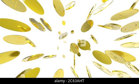 Explosion de pièces d'or. Rendu 3d réaliste Illustration isolée sur fond blanc. Bannière maquette de monnaie d'entreprise. Argent doré au Trésor fina Banque D'Images