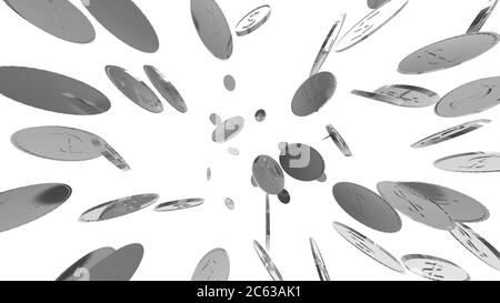 Explosion de pièces d'argent. Rendu 3d réaliste Illustration isolée sur fond blanc. Bannière maquette de monnaie d'entreprise. Séparateur de Trésor en métal liquide Banque D'Images