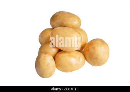 Pommes de terre brutes isolées sur fond blanc. Jeunes pommes de terre fraîches. Tas de pommes de terre biologiques. Banque D'Images