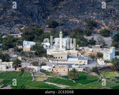 Un petit village au fond de Wadi Bani AWF, Sultanat d'Oman. Banque D'Images