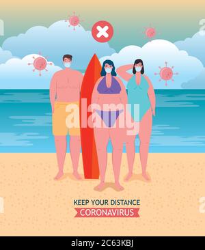 social distanciation faite dans le mauvais sur la plage, les gens garder la distance incorrecte, nouveau concept normal de plage d'été après coronavirus ou covid 19 Illustration de Vecteur