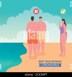 social distanciation faite de la mauvaise façon et correcte sur la plage, les gens gardent la distance, nouveau concept normal de plage d'été après coronavirus ou covid 19 Illustration de Vecteur