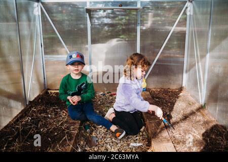 Jeune frère et sœur creusant les plantes de la serre de cour arrière Banque D'Images