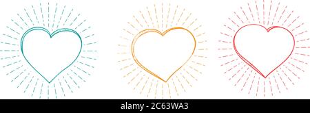 Cœur brillant avec des rayons d'amour et de lumière. Concept de mariage ou de mariage badge, lumière du soleil, lumière de lumière, perche, lumière du soleil. Définir isolé sur fond blanc. Illustration de Vecteur