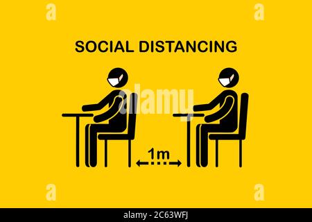 Symbole de signe icône vecteur.les personnes assis sur la chaise doivent rester à une distance de sécurité d'un mètre dans le bureau ou le restaurant.Nouveau concept de distance normale et sociale.Homme A. Illustration de Vecteur