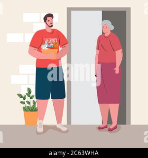 vieille femme avec homme volontaire tenant panier de dons avec nourriture, charité et de la notion de dons de soins sociaux Illustration de Vecteur