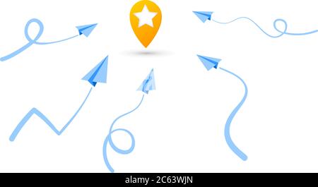 Jaune épinglette de carte plate style de conception moderne icône avec une image en étoile au centre. Un ensemble de plans de vol en papier. Illustration vectorielle Illustration de Vecteur