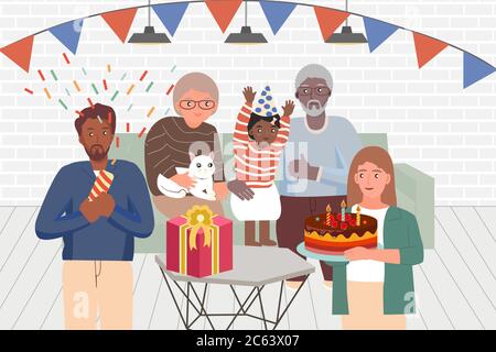 Happy Birhtday famille tous les âges concept.Organize une fête dans la maison. Mère tenant gâteau.grand-mère a tenu un chat.Père feux d'artifice.grand-père hugs gir Illustration de Vecteur