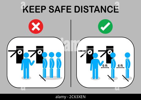 Nouvelles distances normales et sociales.les gens sont en file d'attente pour acheter un billet au comptoir.les passagers gardent la file d'attente à distance et attendent à la porte d'embarquement automatique.Pr Illustration de Vecteur