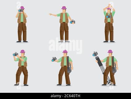 Homme transportant l'appareil photo et d'autres équipements de photographie de différents gestes. Illustration de personnage de dessin animé vectoriel isolée sur fond simple. Illustration de Vecteur