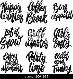 Ensemble des différentes expressions de lettrage. Joyeux hiver, pause café, fête, laissez-le s'enneigé. Illustration de Vecteur