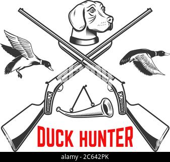 Modèle d'emblème de club de chasse de canard avec canards sauvages, canons, chien de chasse. Élément de design pour logo, étiquette, affiche, affiche, t-shirt. Illustrateur vectoriel Illustration de Vecteur