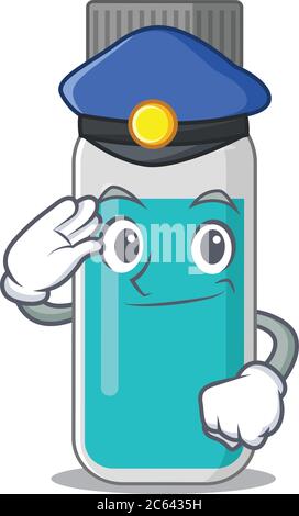 Un beau dessin animé d'un policier représentant une bouteille d'essai médical avec un chapeau bleu Illustration de Vecteur