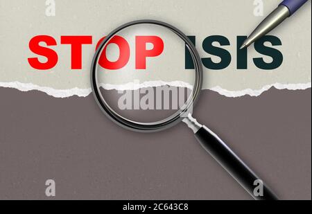 Mot STOP ISIS et loupe au crayon fait en 2d software Banque D'Images