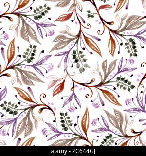 motif fleuri aquarelle sans couture avec feuilles et baies de couleur marron, verte et pourpre sur fond blanc Banque D'Images