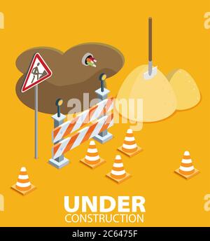 Réparation de routes, signalisation routière en construction, réparations, entretien et construction de chaussées. Illustration isométrique à vecteur plat Illustration de Vecteur