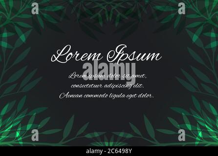 Modèle de lettre de remerciement, invitation, carte de vœux avec feuillage vert clair sur fond sombre et emplacement pour le texte. Illustration de Vecteur