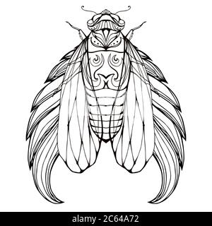 Illustration Doodle des cigales avec des ailes et un motif boho. Elément vectoriel pour croquis de tatouage, impression sur T-shirts, albums de coloriage pour adultes et votre Illustration de Vecteur