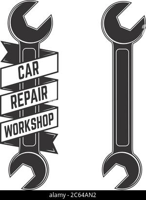 Atelier de réparation de voiture. Modèle d'emblème avec clé pour voiture en style gravure. Élément de design pour logo, étiquette, emblème, signe, badge. Illustration vectorielle Illustration de Vecteur