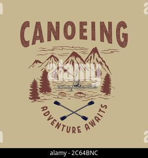 Canoë. Illustration de montagnes sauvages paysage, rivière et homme sur canoë. Élément de design pour logo, étiquette, affiche, affiche, t-shirt. Illustration vectorielle Illustration de Vecteur